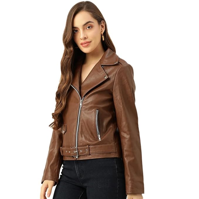 Leather Retail® Full Sleeve Brown Solid Jacket for Woman's Biker Style 2