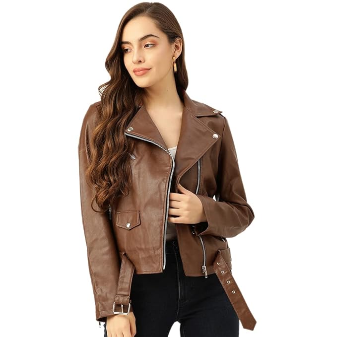 Leather Retail® Full Sleeve Brown Solid Jacket for Woman's Biker Style