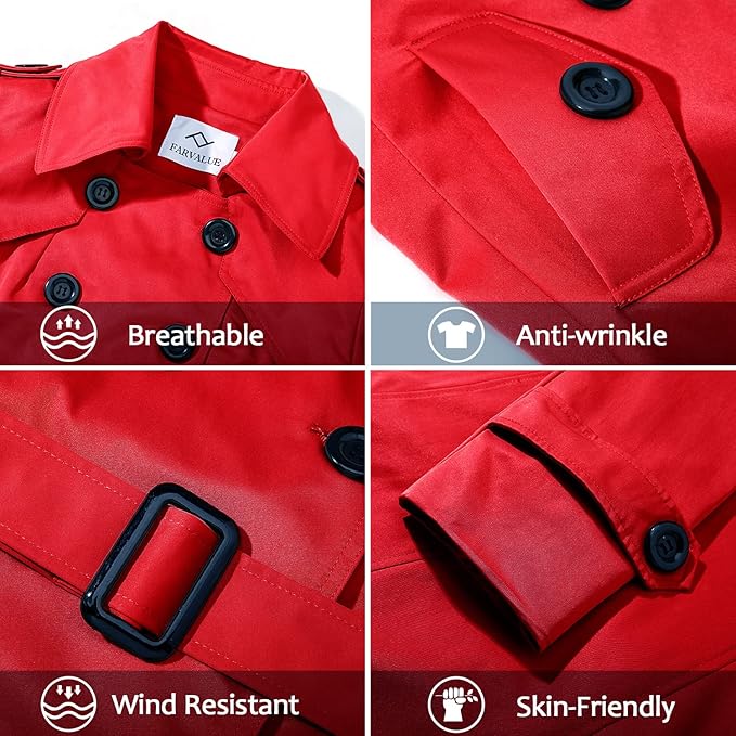 FARVALUE Women's Double Breasted Trench Coat Water Resistant Windbreaker Classic Belted Lapel Overcoat 3