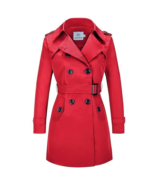 FARVALUE Women's Double Breasted Trench Coat Water Resistant Windbreaker Classic Belted Lapel Overcoat 1