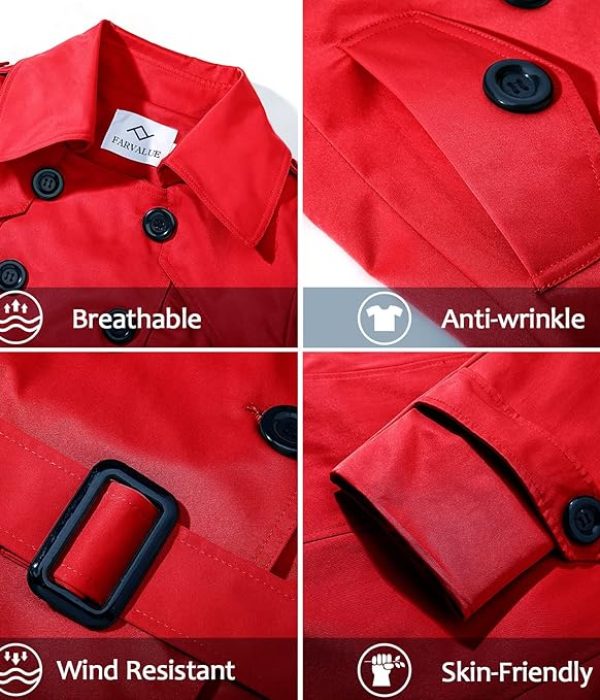 FARVALUE Women's Double Breasted Trench Coat Water Resistant Windbreaker Classic Belted Lapel Overcoat 3