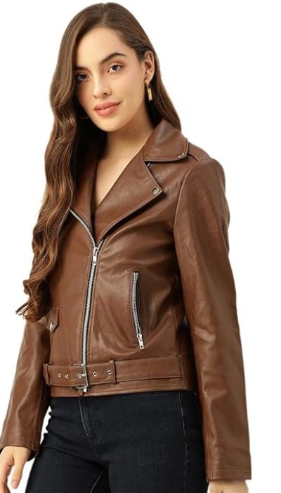 Leather Retail® Full Sleeve Brown Solid Jacket for Woman's Biker Style 2