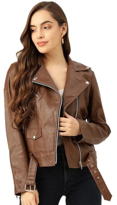 Leather Retail® Full Sleeve Brown Solid Jacket for Woman's Biker Style